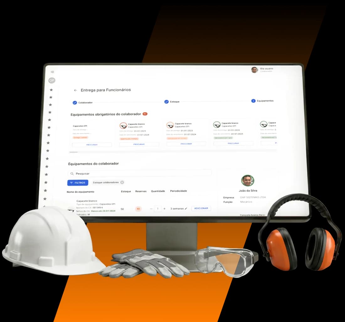 Plataforma GAP Sistemas — tela de gestão e entrega de EPIs para colaboradores